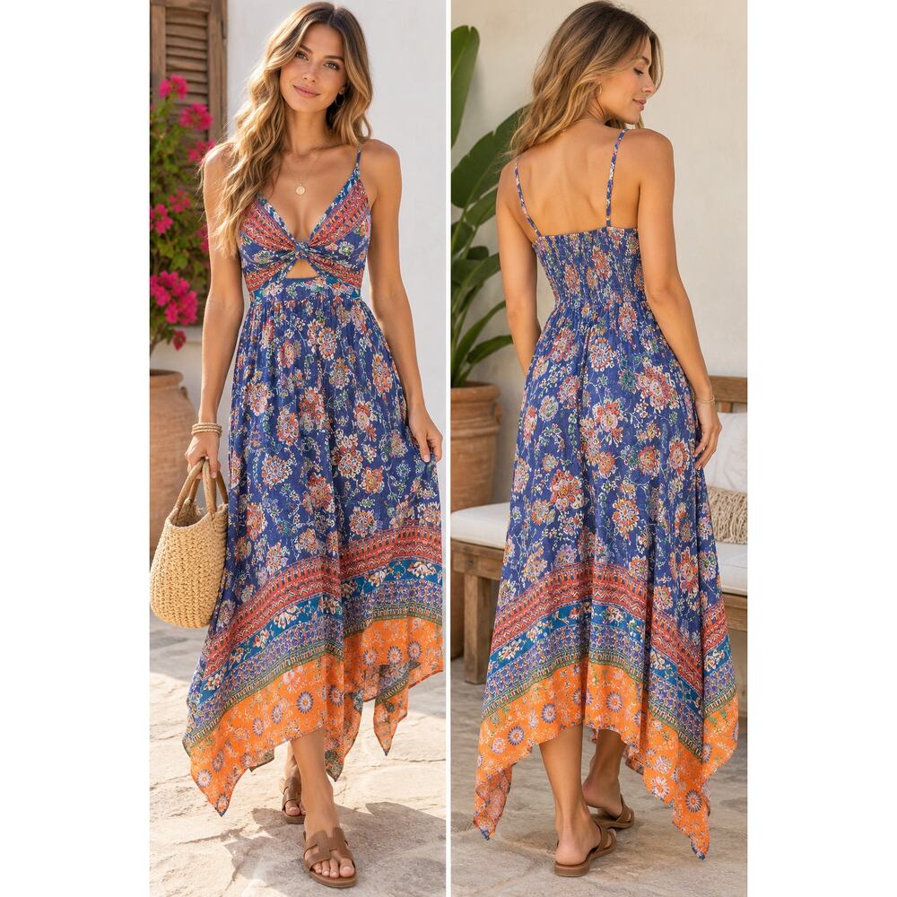 Angie Blue Floral Boho Cutout Maxi Dress Handkerchief Hem NWT Large - Picture 5 of 12